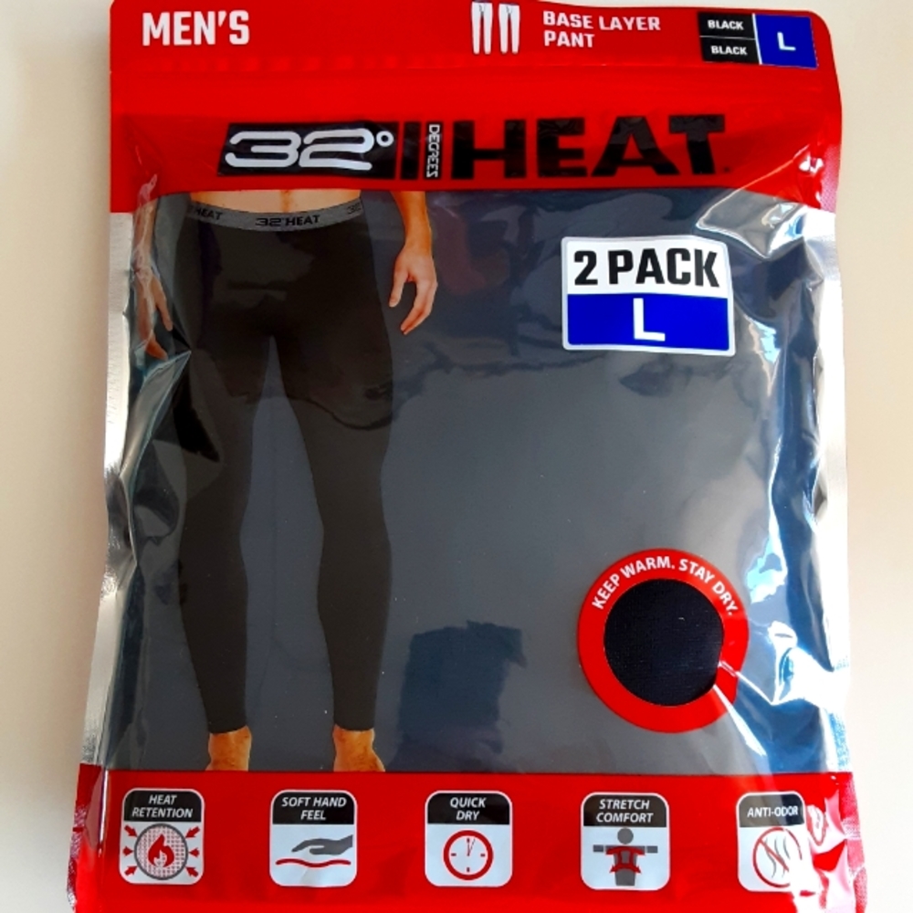 32 Degrees Heat Men's 2-Pack Soft Base Layer Pants, Black , Size Large